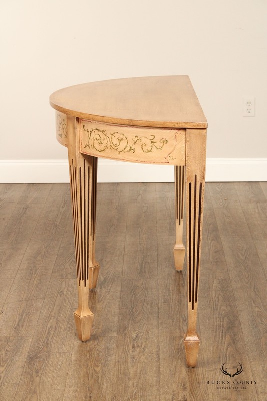 Adam Style Pair of Paint Decorated Demilune Console Tables gallery