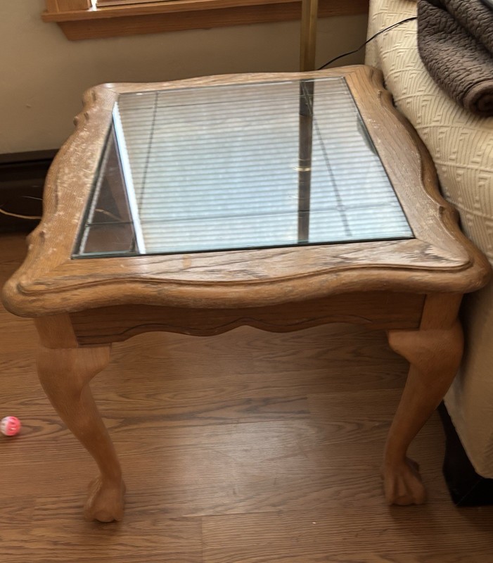 Antique Wood and Glass Rectangular Side Table with Glass Top for Living Room
