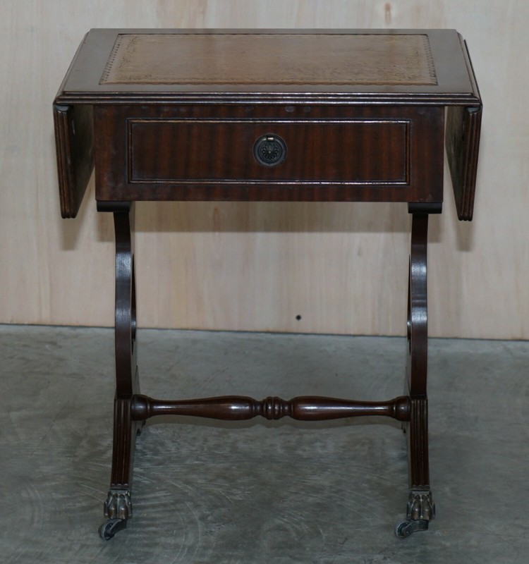 VINTAGE BROWN LEATHER GOLD LEAF SIDE END TABLE EXTENDING TOP GREAT GAMES TABLE gallery