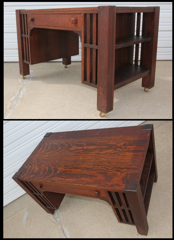 Antique Arts & Crafts Mission Tiger Oak Library Table SlatSide Bookshelves Desk gallery