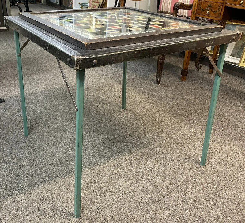 20th c Checkerboard Advertising Folding Table, Eglomise Glass Top, Marlboro MA gallery