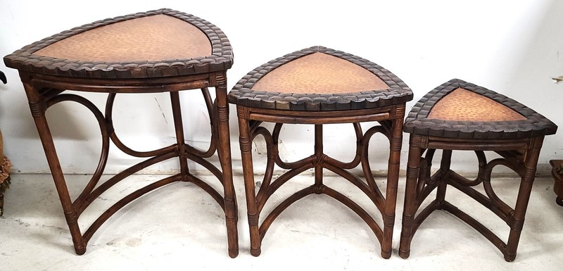(3) Vintage Bamboo Rattan Coconut Shell Ostrich Nesting Tables gallery