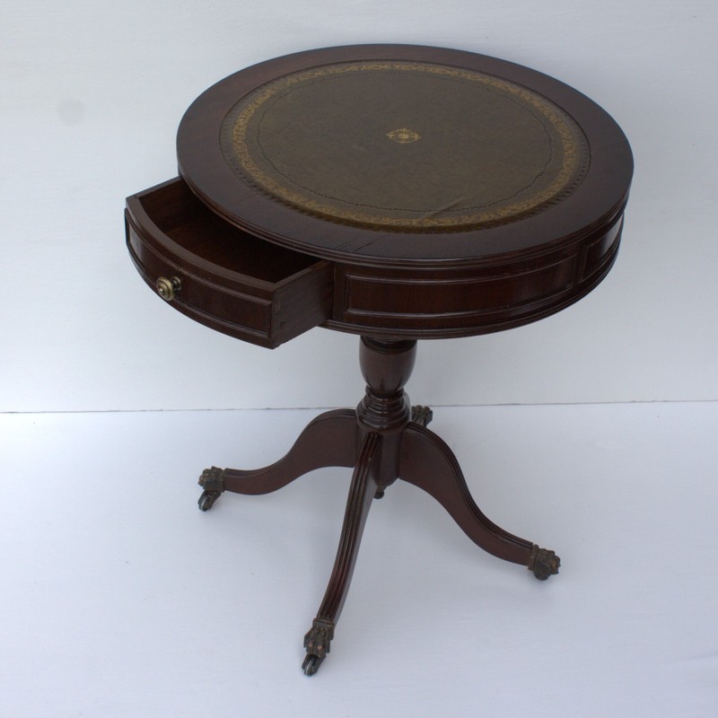 Edwardian style wood drum table 2 drawers leather top brass claw legs furniture gallery