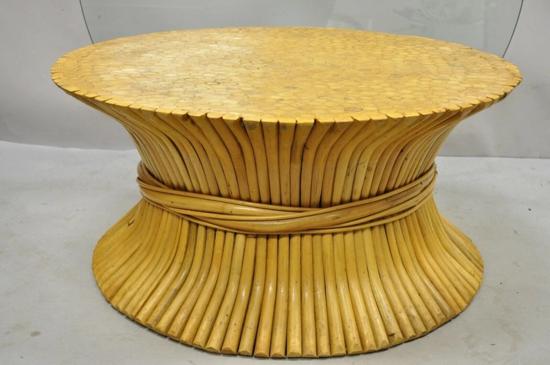 Hollywood Regency McGuire Style Sheaf of Wheat Bamboo 48" Glass Coffee Table gallery