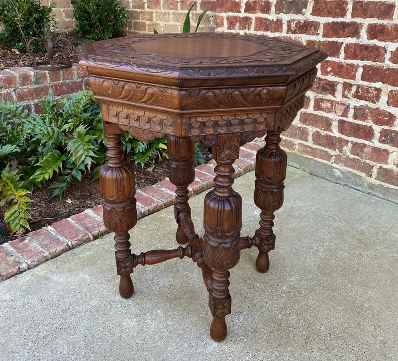 Antique French Octagonal Table Renaissance Revival Carved Oak 19th C gallery