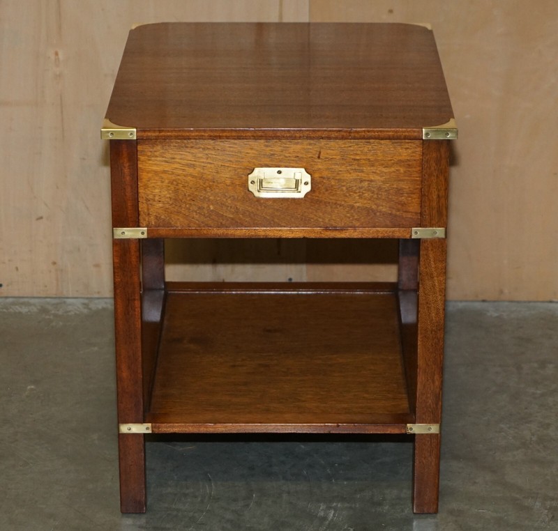 PAIR OF FULLY RESTORED HARRODS LONDON MILITARY CAMPAIGN SINGLE DRAWER SIDE TABLE gallery