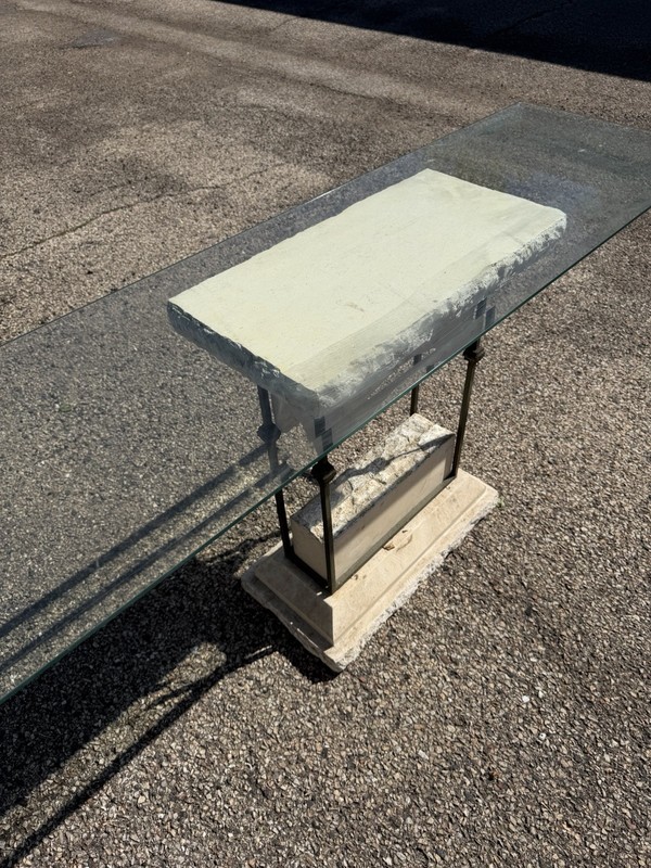 Vintage Postmodern Travertine & Glass Console Table 52” Sculptural Table gallery
