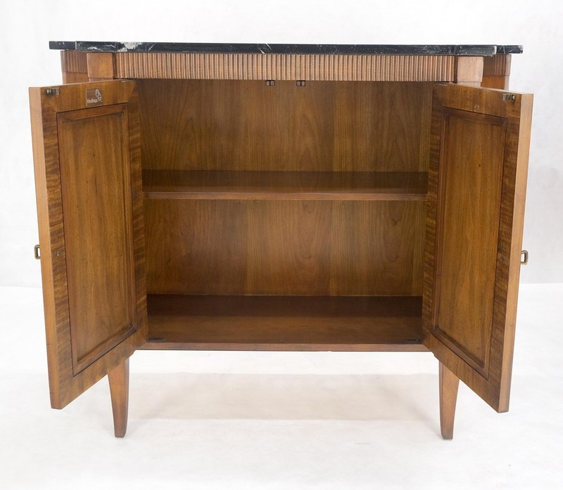 Pair Regency Style Burl Walnut Scallop Banding Black Marble Top Cabinet Credenza gallery