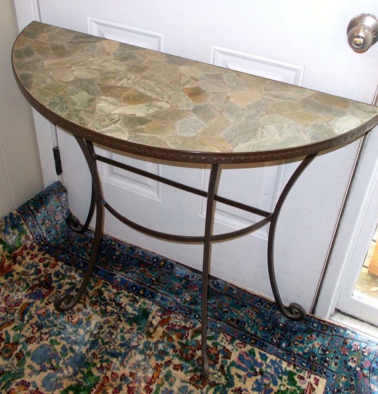 Vtg ROCK STONE MOSAIC CONSOLE Accent TABLE Demi Lune Wrought Iron Villa Garden gallery