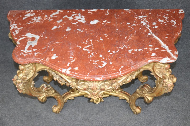 19th Century French Rococo Carved Giltwood Marble Top Console Table gallery