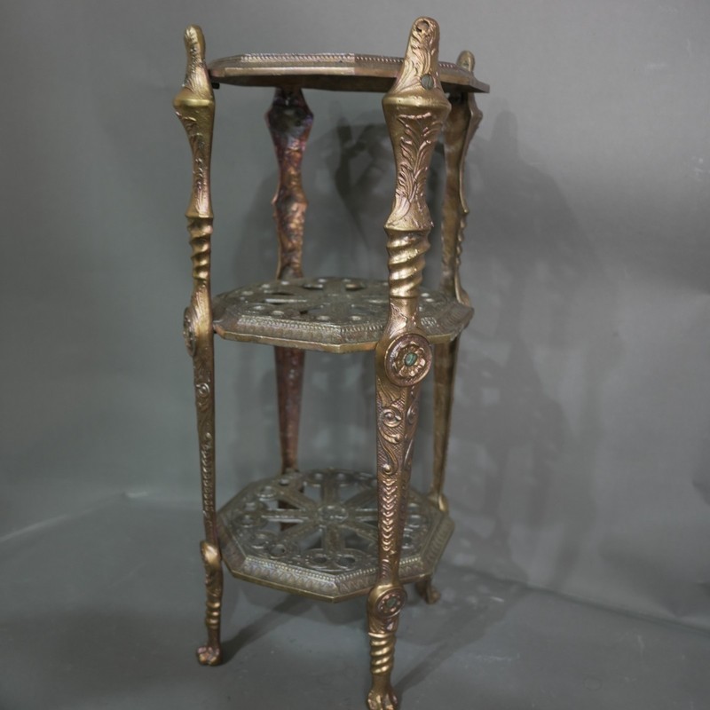 Antique Heavy Ornate French Style Brass Pedestal Accent Table Stand 3 Tier