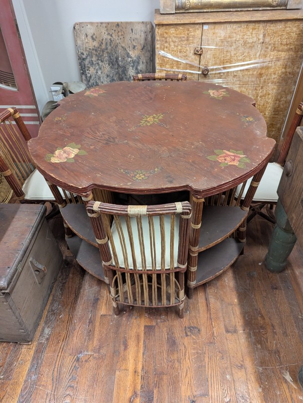 1930’s Bridge Table Split Reed Rattan Pine Mixed Wood Hand Painted