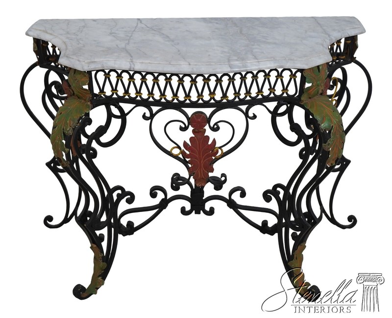 L67541: Vintage Marble Top Wrought Iron Base Console Table