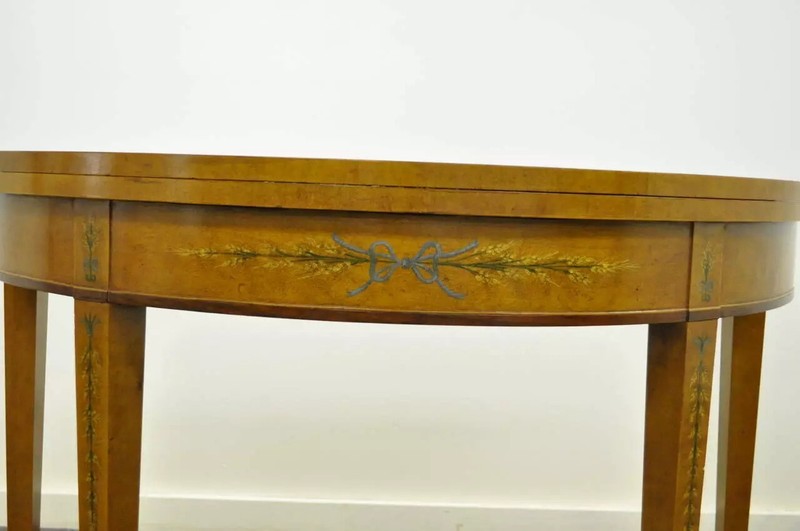 English Adams Style Hand Painted Leather Flip Top Demilune Console Game Table gallery