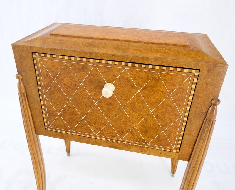 Art Deco Diamond Inlay Drop Front Burl Wood Stand Side Table Fluted Tapered Leg gallery