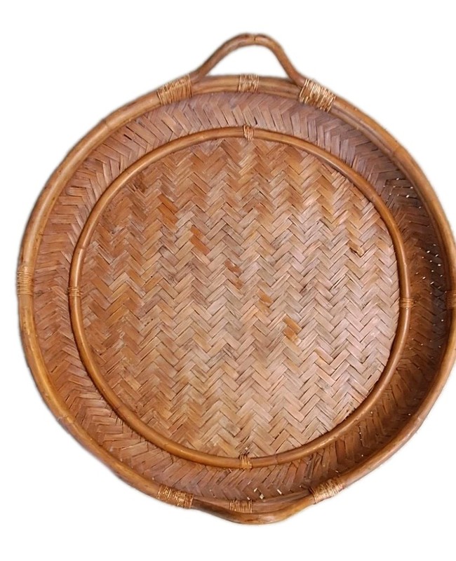 Vintage Wood Rope Rattan Serving Tray Butler Table Top 27" Round Ottoman tray gallery
