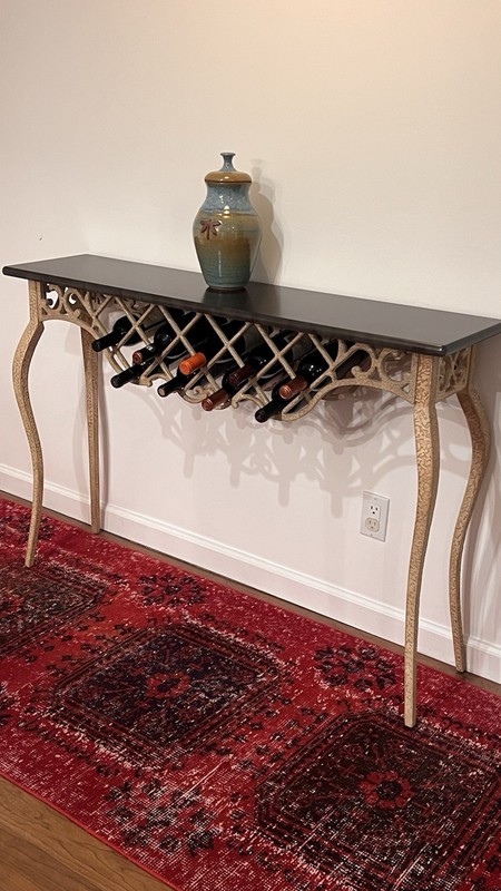 Vintage Bombay Co Console Table, Cream Metal, Faux Black Marble Top, Excellent gallery