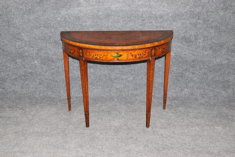 19th century English Adams Style Paint Decorated Leather Top Demilune Table gallery