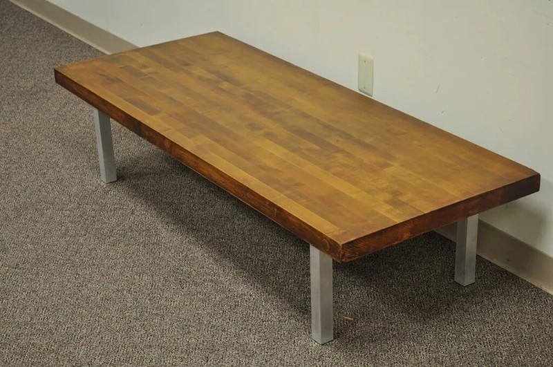 Vintage Industrial Modern Reclaimed Butcher Block Aluminum Base Coffee Table gallery