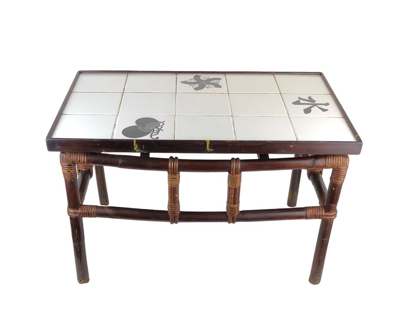 John Wisner for Ficks Reed Asian Modern Side Table White Decorated Tile Top gallery
