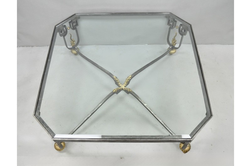 Vintage French Neoclassical Large Wrought Iron & Glass "Flame" Coffee Table gallery