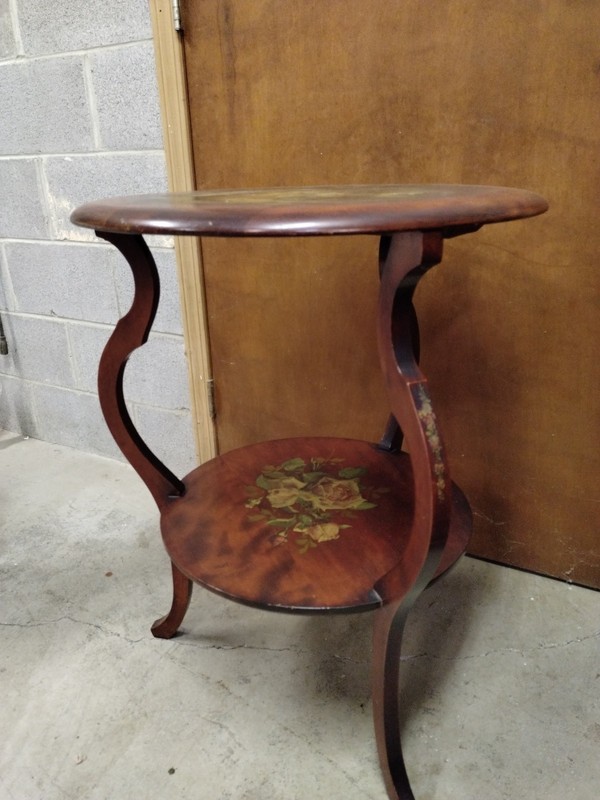 antique two tier Italian accent table roccoco scene, Fragonard style gallery