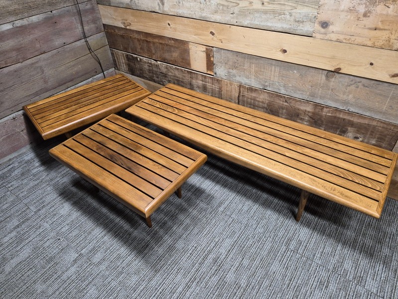 3 pc. YUGOSLAVIA Mid Century Modern Walnut Wood Slat Top Coffee Table Danish gallery