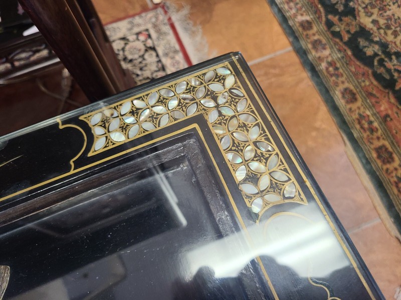 Oriental  Coffee Table, Black, Mother of Pearl, Relief Flower, Glass Top gallery