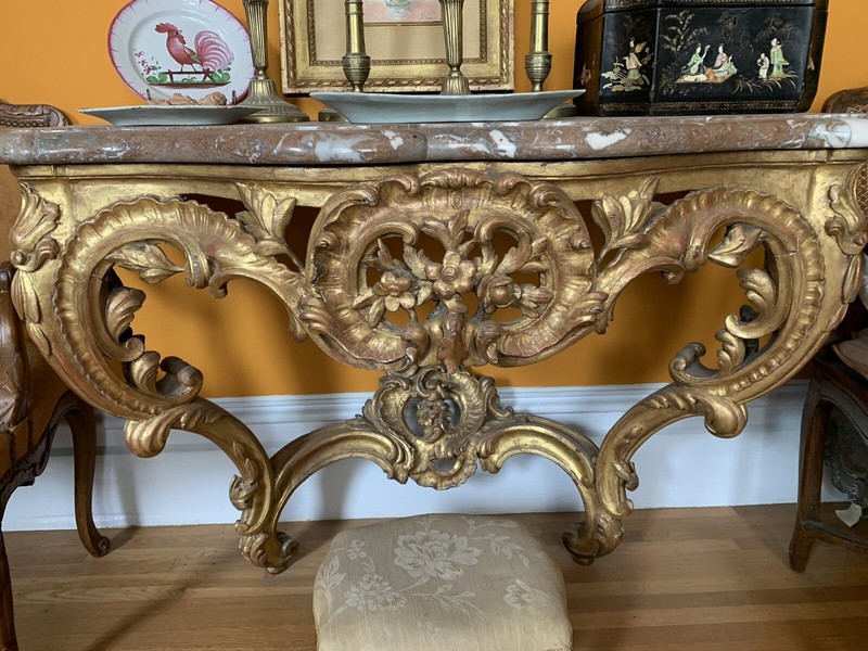 Fine French Mid 18TH. Cent. Gilt-wood Console/Table Rouge Imperial Marble Top gallery