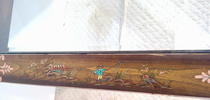 Mid Century Asian Dining Table 102" long Glass paneled top hand painted gallery