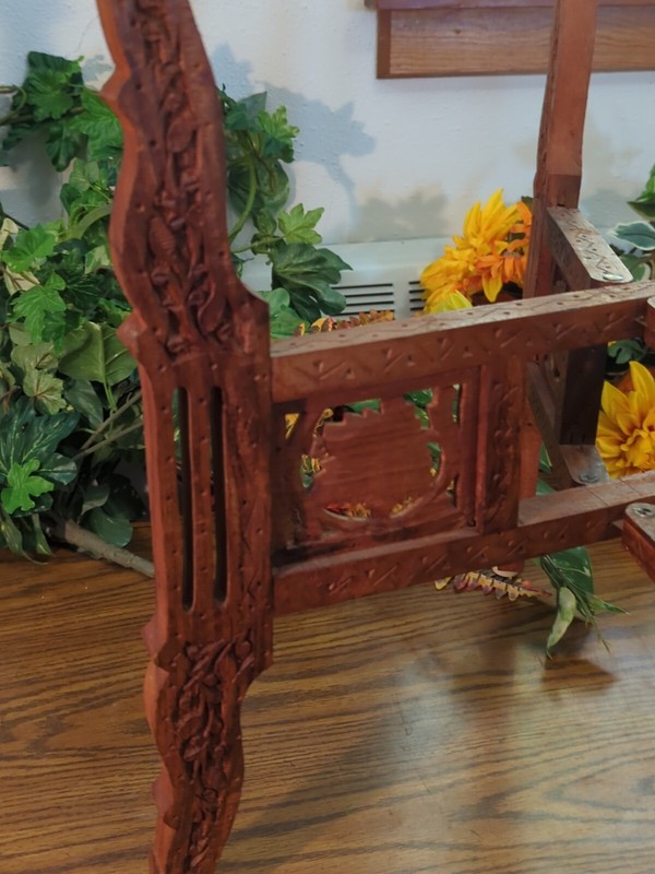 Vtg Side Coffee Table Brass Carved Wood MCM Large Round Asian Folding Base gallery