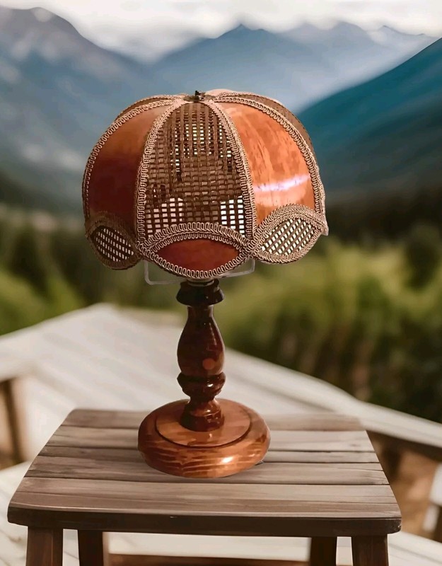 MCM Solid Oak 15.5″ Base Lamp & Boho Rattan Faux Oak Panel 10″ Lampshade Vtg