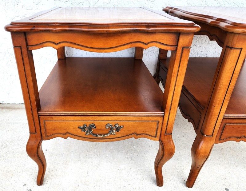 Vintage French Side Tables Walnut Leather Top by HAMMARY gallery