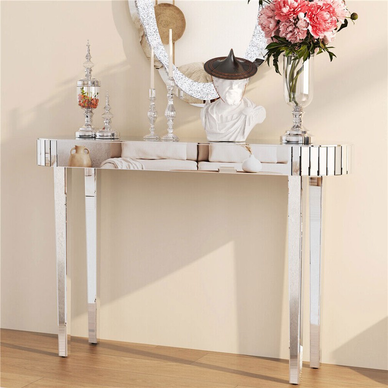 47.2in Silver Mirrored Console Table Entryway Hallway Storage HD Glass Tabletop gallery