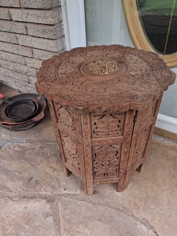 ANTIQUE LIBERTY’S VICTORIAN CIRCA 1880 INLAID SYRIAN HAND CARVED FOLDING TABLE