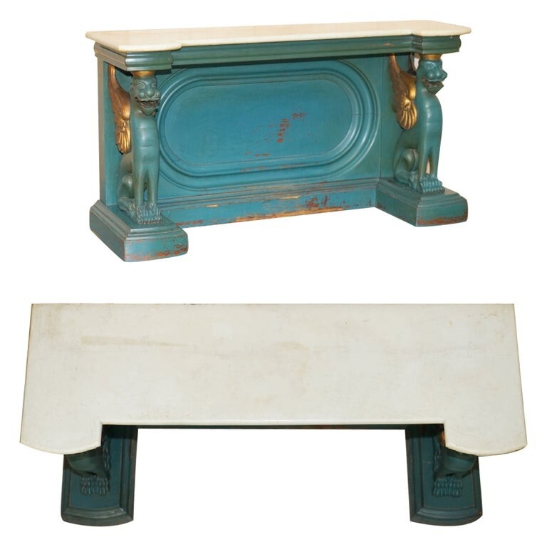ANTIQUE CIRCA 1880 HAND CARVED WITH GRIFFIN’S, CARRARA MARBLE TOP CONSOLE TABLE