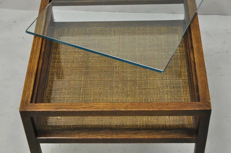 Mid Century Modern Dunbar Style Oak & Cane 2 Tier Glass Top Square Side Table gallery