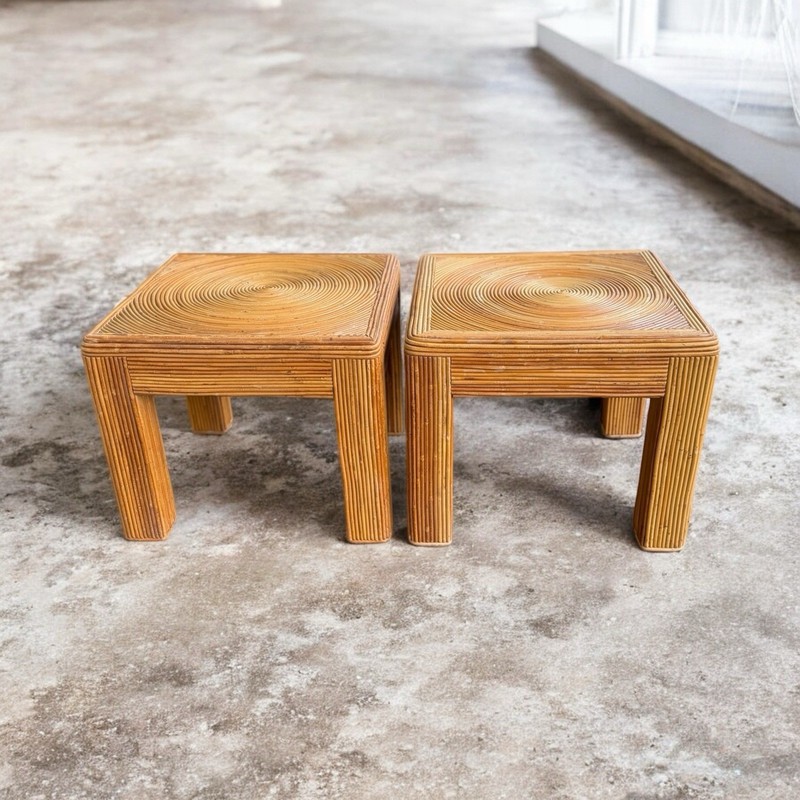 Pair Of Vintage Pencil Reed Crespi-Style Side Table Bohemian 70s Eclectic