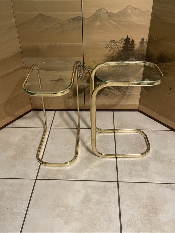 2 Vintage MCM Milo Baughman Style Brass Tone Glass Top Cantilever Side Tables gallery