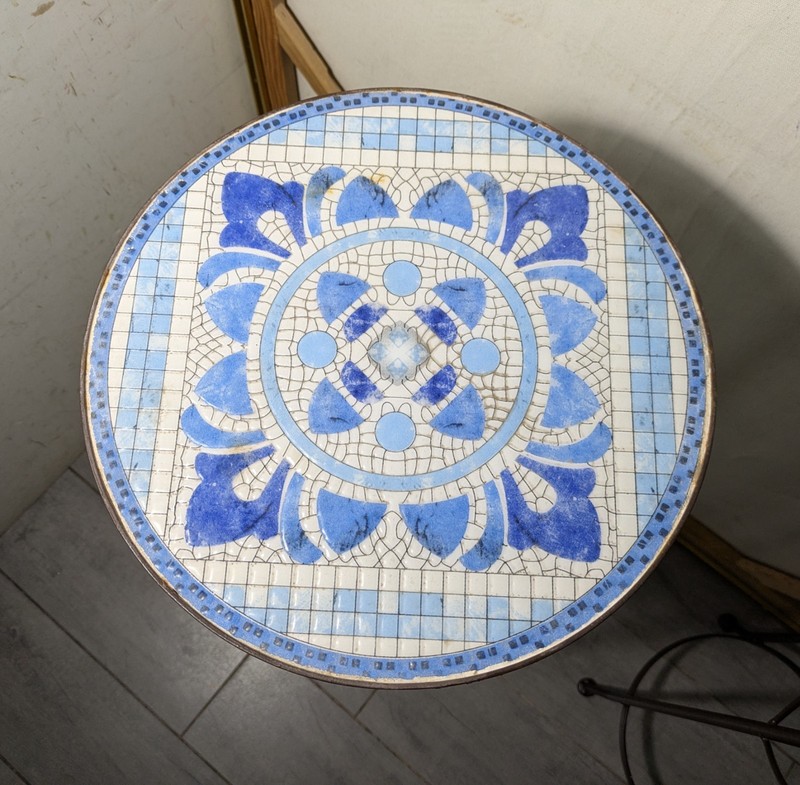 Vintage Set of 2 Blue Mosaic Tile Top Pedestal Tables Plant Stand Wrought Iron gallery
