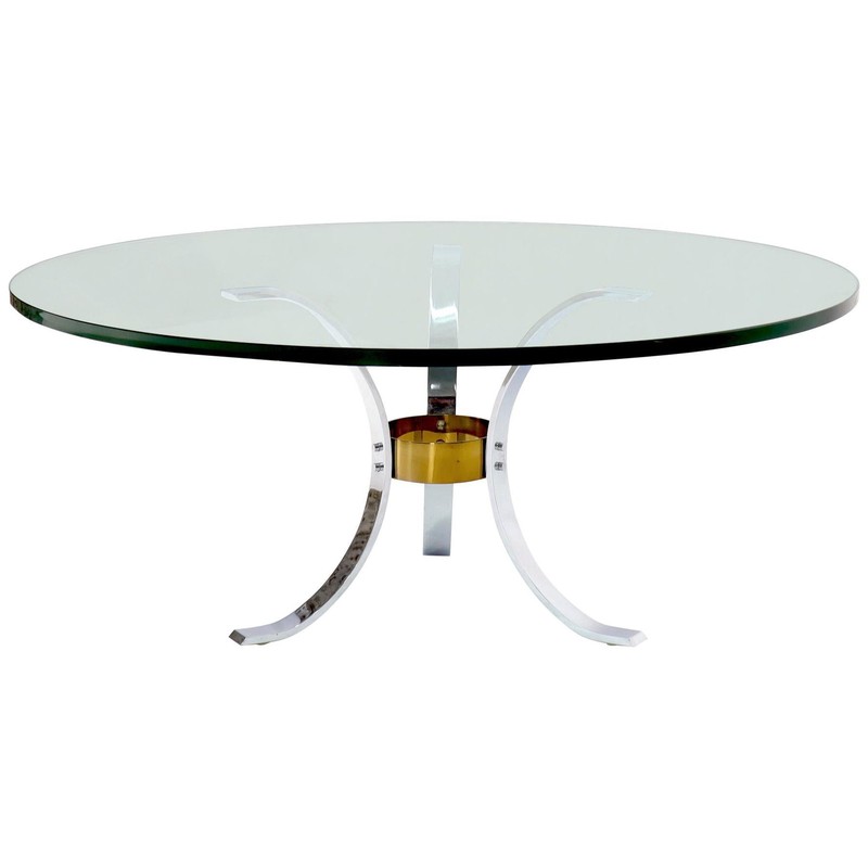 Heavy Thick 3/4″ Glass Round Top Chrome & Brass Tripod Base Coffee Table