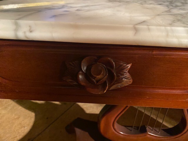 ANTIQUE HAND CARVED MAHOGANY ROSE LYRE HARP ITALIAN MARBLE ACCENT TABLE gallery