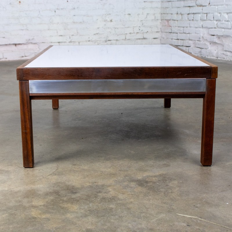 Mid-20th MCM Coffee or End Table Rectangular Walnut Frame & White Laminate Top gallery