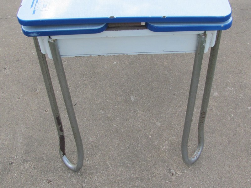 Vtg Blue White Porcelain Enamel Metal Top Table with Slide Out - no shipping gallery
