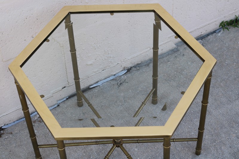 Authentic Pair Vintage Mastercraft Faux Bamboo Hexagonal Brass End Accent Tables gallery
