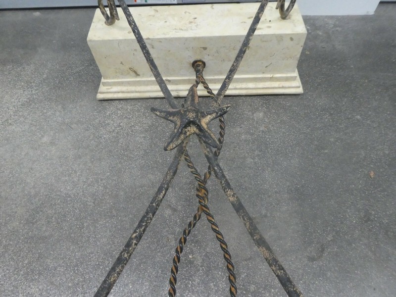 WROUGHT IRON SEAHORSE AND STARFISH CONSOLE TABLE ON TERRAZZO PLINTHS gallery