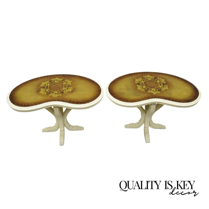 Vintage Hollywood Regency Gold Glass Kidney Shaped White Side Tables – a Pair