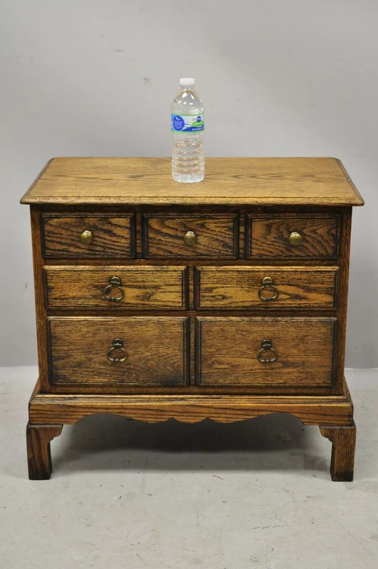 Vintage English Colonial Oak Wood Small Campaign Chest Nightstand Side Table gallery