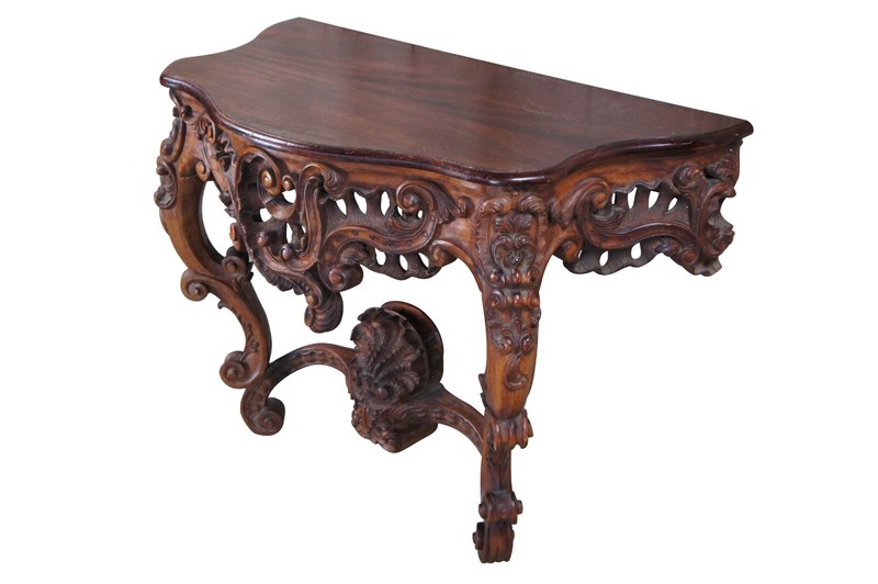 Antique 19th C. French Louis XV Rococo Serpentine Carved Mahogany Console Table gallery