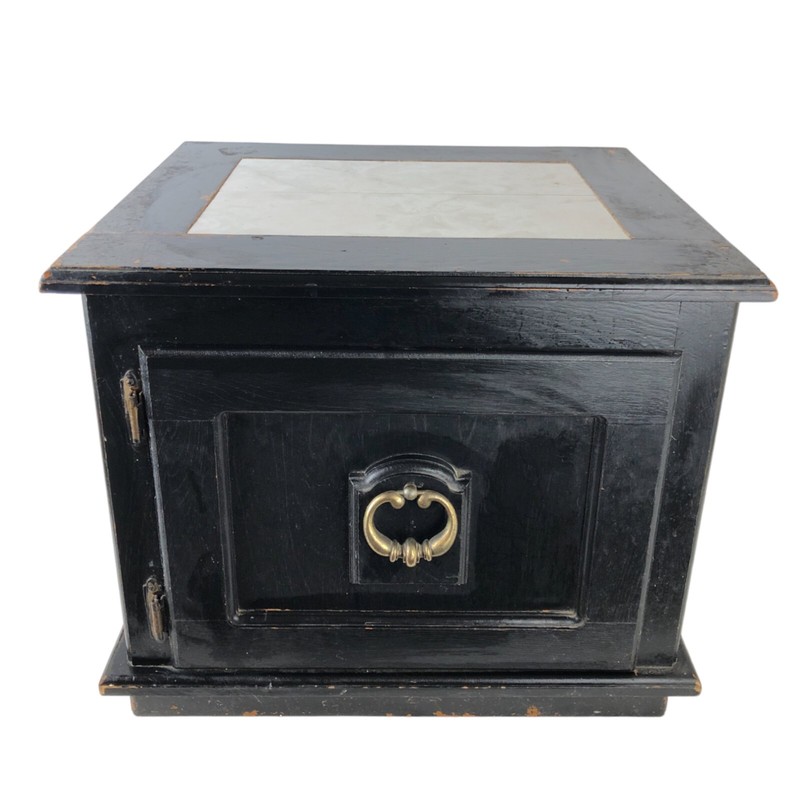 Vintage 1970s Black End Table Cube Cabinet with Faux Marble Top and Door